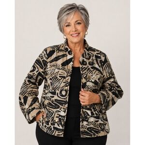 Silk Land Collection 1X Jacket Utility Safari Abstract Silk Blend Tan Black